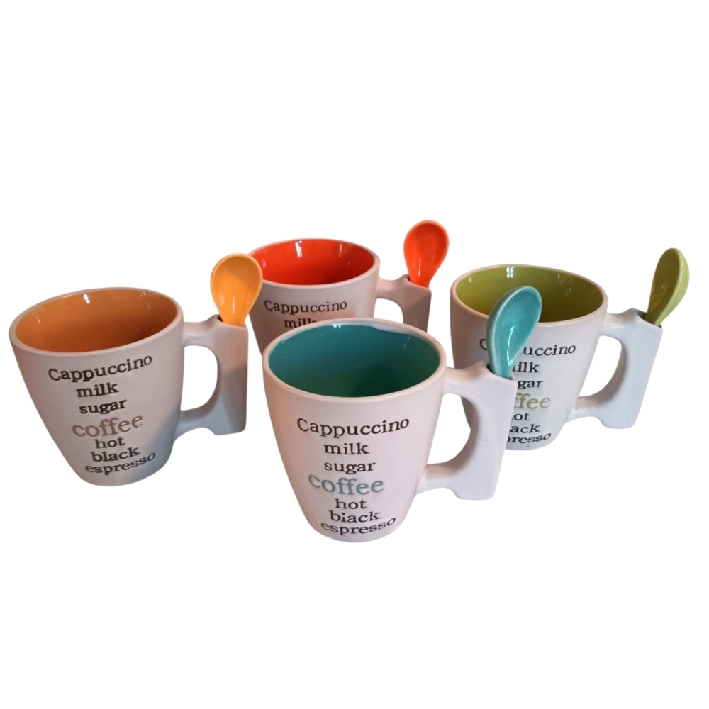 Coffee Mug Set with Spoons Set of‎ 4 Orange/Blue/Yellow/Green